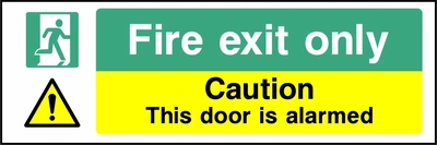 Fire exit only — Caution — This door is alarmed sign. yellow-and-black warning or coloured access panels. Artwork SECU0017.