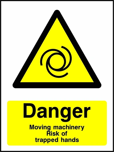Danger — Moving machinery — Risk of trapped hands sign showing yellow rotating machinery warning triangle above wording. Artwork MACH0030.