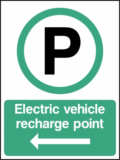 Electric vehicle recharge point — Left arrow sign. green-and-white electric vehicle parking pictogram and wording. Supplied artwork PARK0088.