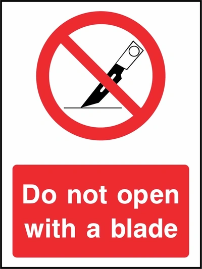 Do not open with a blade sign showing red knife blade prohibition symbol above wording. Artwork GENE0110.