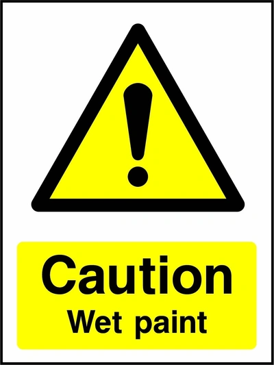 Caution — Wet paint sign showing yellow exclamation warning pictogram above wording. Artwork GENE0089.