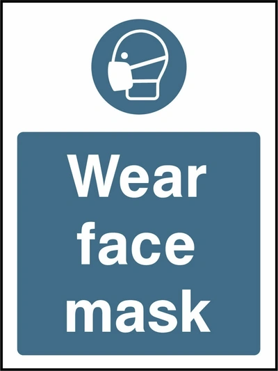 Wear face mask sign showing blue face mask pictogram above wording. Artwork PPE0035.