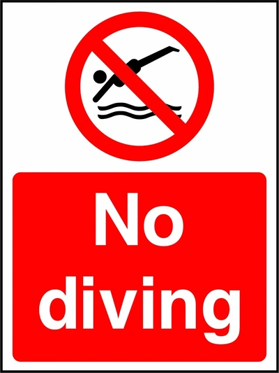 No diving sign showing a red prohibition pictogram above the printed instruction. Artwork WATE0004.