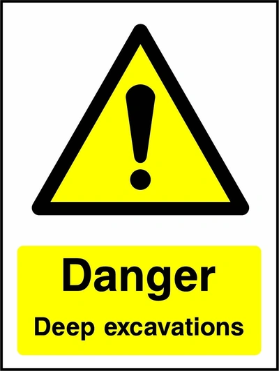 Danger — Deep excavations sign showing yellow exclamation warning pictogram above wording. Artwork GENE0051.