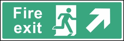 Green and white Fire exit sign with a up right arrow and running-person escape symbol. Letterbox artwork EMER0002.