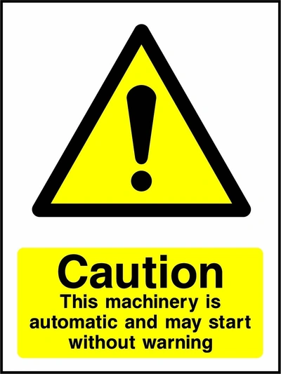 Caution — This machinery is automatic and may start without warning sign showing yellow exclamation warning pictogram above wording. Artwork GENE0069.