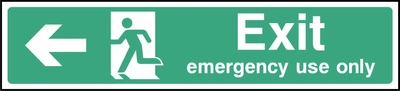Green and white Exit — emergency use only sign showing left-pointing arrow. Artwork EMER0031.
