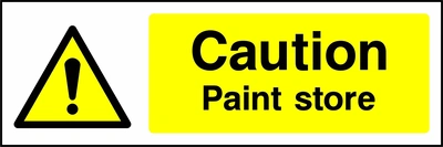 Caution — Paint store sign showing yellow exclamation warning pictogram beside wording. Artwork GENE0028.