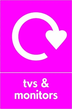 TVs & monitors sign showing white recycling arrow above wording on magenta background. Artwork ELEC0078.
