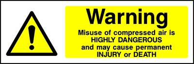 Warning — Misuse of compressed air is highly dangerous and may cause permanent injury or death sign with yellow triangular exclamation mark pictogram beside wording. Artwork CHEM0029.