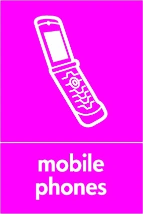 Mobile phones sign showing white mobile phone pictogram above wording on magenta background. Artwork ELEC0087.