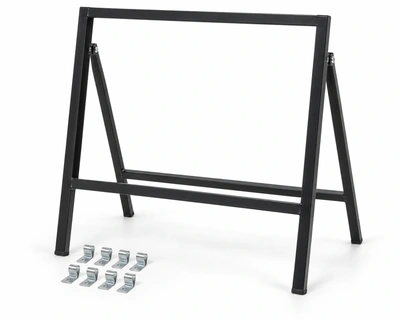 Illustrative mockup of a folding rectangular steel sign frame with panel fixing clips. Printed panel is not included in the online kit.