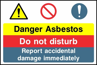 A yellow warning panel, red prohibition panel and blue reporting panel with three symbols with Danger Asbestos — Do not disturb — Report accidental damage immediately wording. CONS0117 artwork.