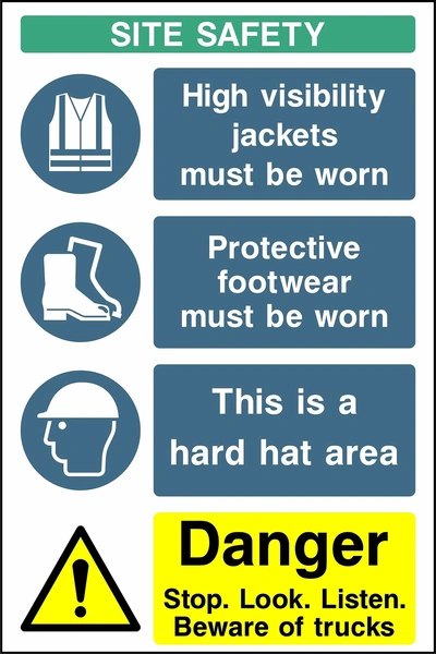 Portrait site safety board with mandatory high visibility jackets, protective footwear and hard hat instructions, and a stop, look, listen, beware of trucks warning. CONS0014 artwork.