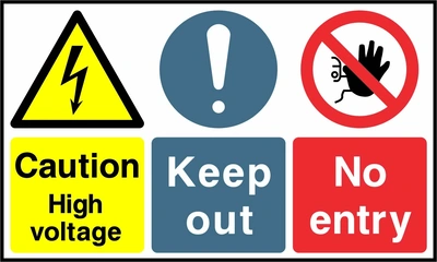 Caution — High voltage — Keep out — No entry. Side-by-side panels. Artwork MULT0044.