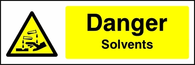 Danger — Solvents sign with yellow triangular corrosion pictogram beside wording. Artwork CHEM0008.