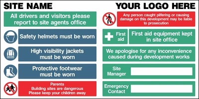 Landscape site-name board with logo placeholder, visitor reporting, PPE instructions, parents notice, first-aid information and site-manager/emergency-contact fields. CONS0123.