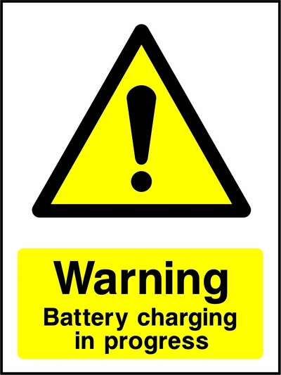 Warning — Battery charging in progress sign showing yellow exclamation warning pictogram above wording. Artwork GENE0060.