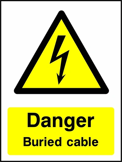 Danger — Buried cable sign showing yellow electrical lightning bolt warning triangle above wording. Artwork ELEC0051.