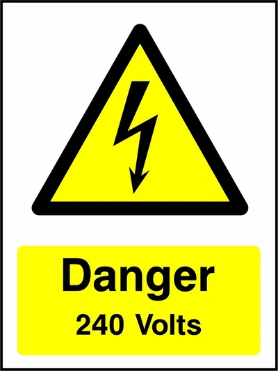 Danger — 240 Volts sign showing yellow electrical lightning bolt warning triangle above wording. Artwork ELEC0034.