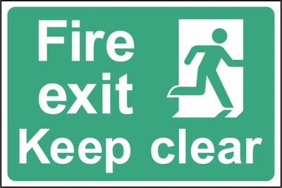 Fire exit — Keep clear sign showing green exit panel with running person. Artwork EMER0086.