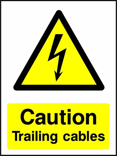 Caution — Trailing cables sign showing yellow electrical lightning bolt warning triangle above wording. Artwork ELEC0060.