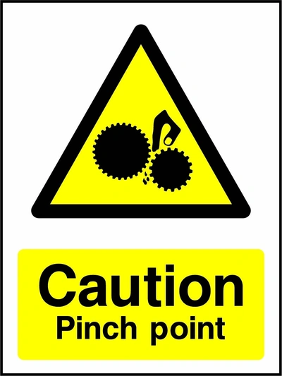 Caution — Pinch point sign showing yellow hand caught between gears warning triangle above wording. Artwork MACH0038.
