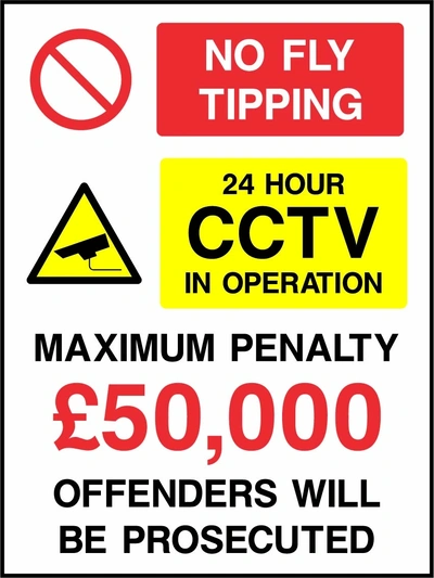 No fly tipping — 24 hour CCTV — £50,000 — Offenders will be prosecuted. collated prohibition, CCTV, penalty and prosecution panels. Original artwork GENE0137.
