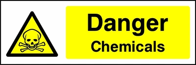 Danger — Chemicals sign with yellow triangular skull and crossbones pictogram beside wording. Artwork CHEM0016.