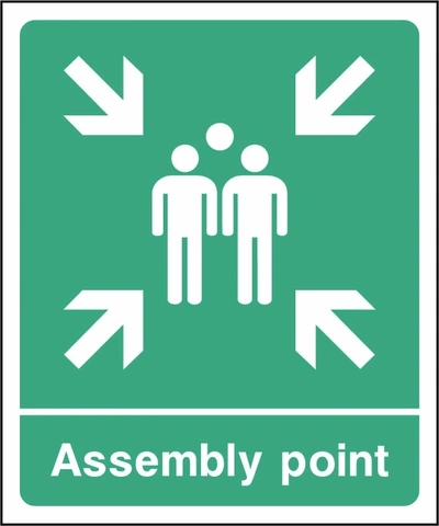 Assembly point sign showing group of people and inward arrows. Artwork EMER0076.