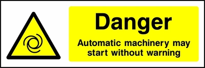 Danger — Automatic machinery may start without warning sign showing yellow rotating machinery warning triangle beside wording. Artwork MACH0010.