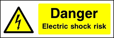 Danger — Electric shock risk sign showing yellow electrical lightning bolt warning triangle beside wording. Artwork ELEC0014.
