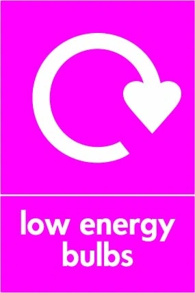 Low energy bulbs sign showing white recycling arrow above wording on magenta background. Artwork ELEC0072.