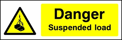 Danger — Suspended load sign showing yellow suspended load warning pictogram beside wording. Artwork GENE0032.