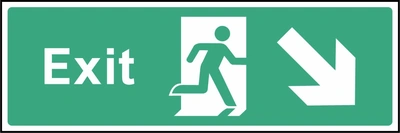 Green and white Exit sign showing down-right arrow. Artwork EMER0014.