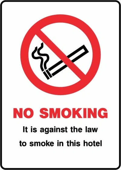 No Smoking — It is against the law to smoke in this hotel sign. red no-smoking pictogram with black and red wording in a rounded border. Artwork SMOK0076.