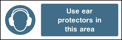 Use ear protectors in this area sign showing blue ear defenders pictogram beside wording. Artwork PPE0007.