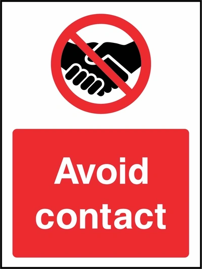 Avoid contact sign showing red handshake prohibition symbol above wording. Artwork GENE0115.