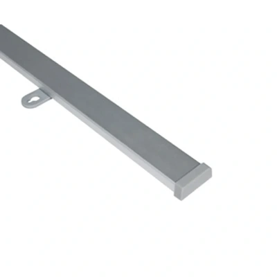 Close-up of an aluminium snap-action poster rail with hanging hook and grey end cap. Hardware only.