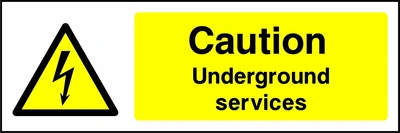 Caution — Underground services sign showing yellow electrical lightning bolt warning triangle beside wording. Artwork ELEC0017.