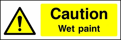 Caution — Wet paint sign showing yellow exclamation warning pictogram beside wording. Artwork GENE0042.