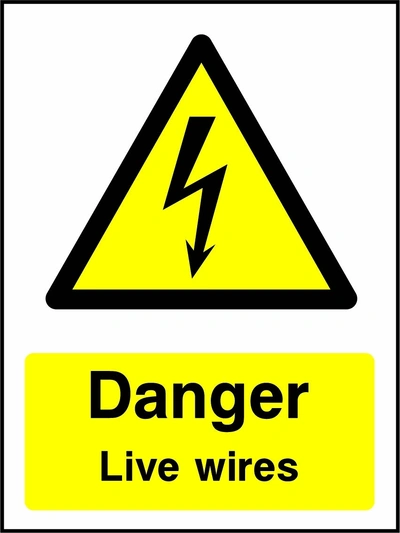 Danger — Live wires sign showing yellow electrical lightning bolt warning triangle above wording. Artwork ELEC0045.