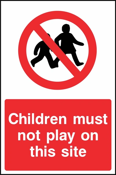 Red and white prohibition sign with a crossed-out children pictogram and Children must not play on this site wording. CONS0033 artwork.