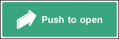 Green and white Push to open sign showing a push arrow. Artwork EMER0042.