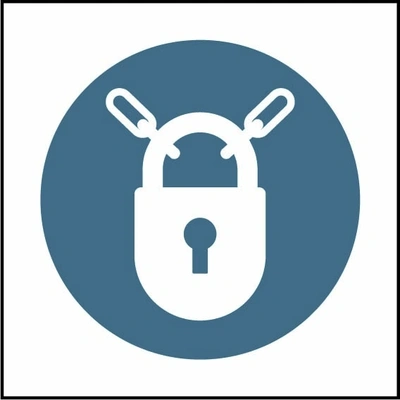 Keep locked pictogram sign showing white padlock and chain pictogram in blue circle. Artwork MACH0055.