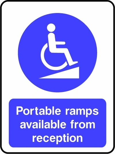 Portable ramps available from reception sign showing blue wheelchair-on-ramp pictogram above wording. Artwork DDA0006.