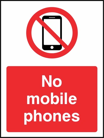No mobile phones sign showing red mobile phone prohibition symbol above wording. Artwork GENE0118.