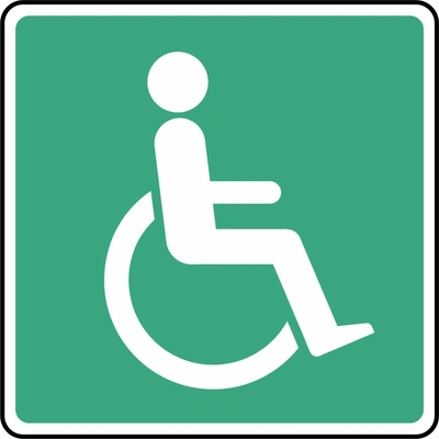 Wheelchair access pictogram sign showing white wheelchair symbol on a green background. Artwork DDA0021.