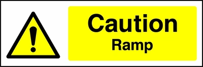 Caution — Ramp sign showing yellow exclamation warning pictogram beside wording. Artwork GENE0005.