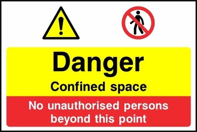 Yellow and red panels with warning and no-entry symbols with Danger Confined space — No unauthorised persons beyond this point wording. CONS0128 artwork.